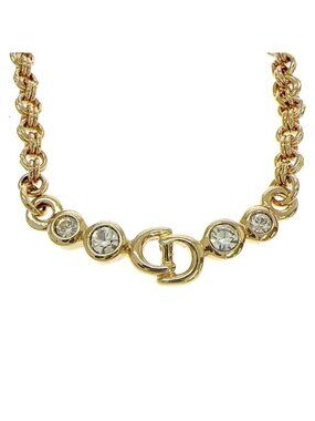 Dior Rhinestone CD Logo Necklace Gold